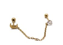 Barbell Acier PVD Gold Spécial Tragus motif Lune et Strass avec Chaine | Itc